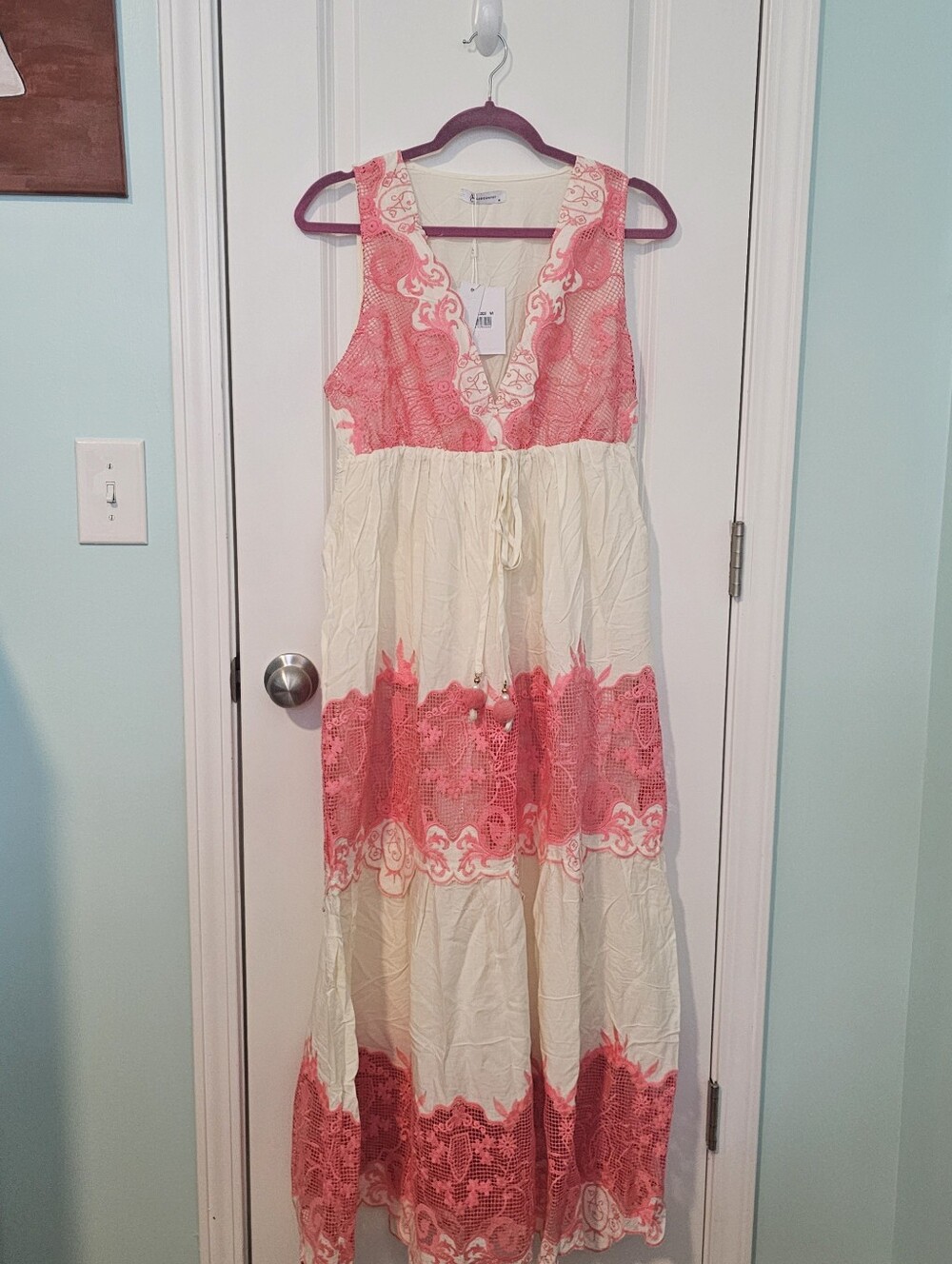 NWT- Boho Lace-Trim Maxi Dress in Pink and Cream- Size M
